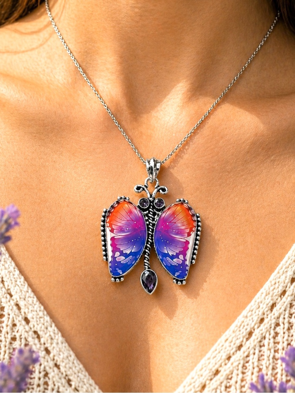 Fancy Dichroic Glass & Amethyst Butterfly 2.3” Pendant Necklace
